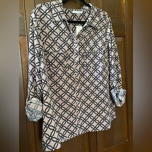 Notations, Size Large, Mauve and Black Button Up Blouse with Geometric Flower